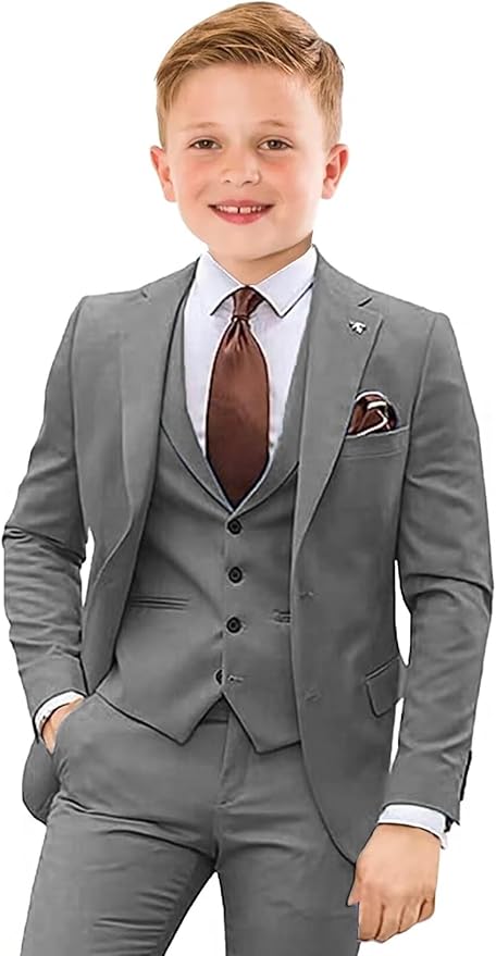 Boys Suit 4 Piece Slim Fit Kids Tuxedo Suit Formal Wedding Outfit Blazer Vest Pants Set with Tie