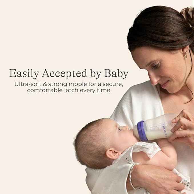 Lansinoh Anti-Colic Baby Bottles for Breastfeeding Babies, 8 Ounces, 4 Count, Includes 4 Medium Flow Nipples, Size M