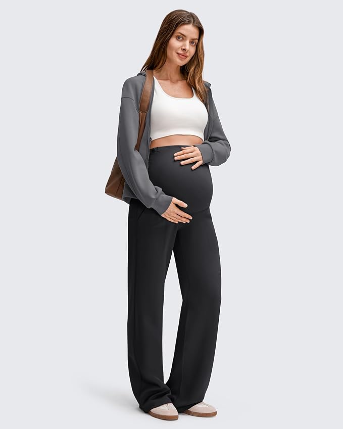 G4Free EverGoing Fleece Lined Maternity Wide Leg Pants Over The Belly Pregnancy Trousers with Pockets