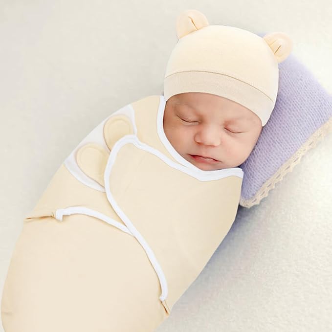 Cinaci 2 Pack Adjustable Soft Cotton Blend Newborn Baby Receiving Swaddle Blankets Sleep Sacks with Nursery Hats Caps Beanies Bonnets for Baby Girls Boys Newborns Infants