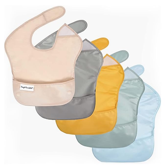 Tiny Twinkle Mess Proof Baby Bibs for Eating – Waterproof, Wipeable Toddler Bibs with Pocket – Baby Food Bibs for Girls & Boys(5 Pack,Unisex Solids)