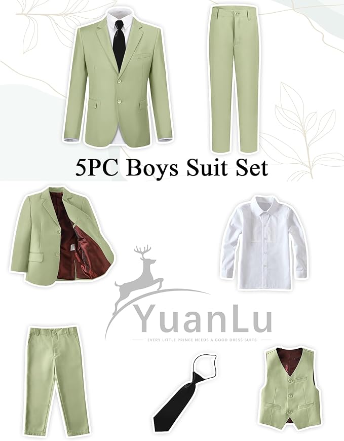 YuanLu Boys Suit for Kids Tuxedo Wedding Ring Bearer Outfit, 5 Piece Boy Slim Fit Formal Suits with Adjustable Waist