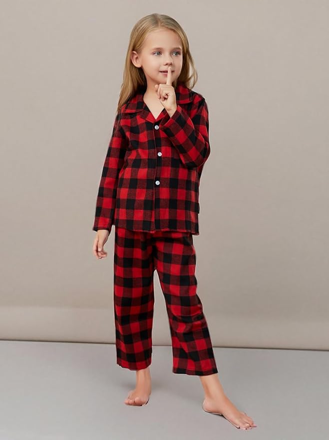 Schbbbta Kids Pajamas Set, Plaid Button Down Pjs for Girls & Boys, 9 Months - 14 Years