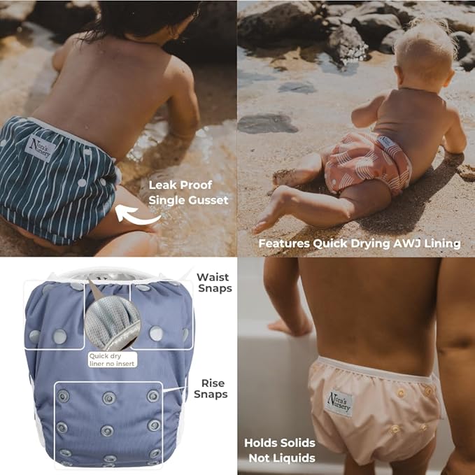 Nora's Nursery Reusable Swim Diapers and Wet Bag - One Size Fully Adjustable - Laguna Unisex 3 Pack with Wet Bag