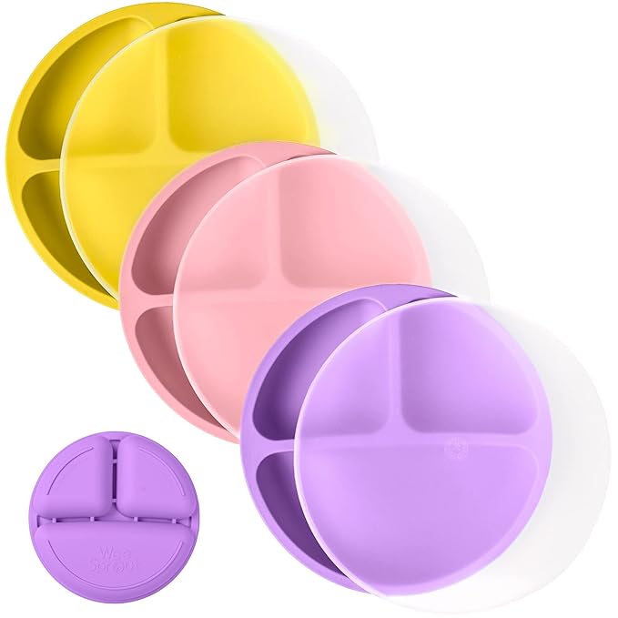 WeeSprout Silicone Plates with Lids for Babies & Toddlers (3 Pack) 100% Food-Grade Dishes for Self Feeding, Divided Design & Raised Edges for Picky Eaters, Dishwasher & Microwave Safe Weaning Supplies