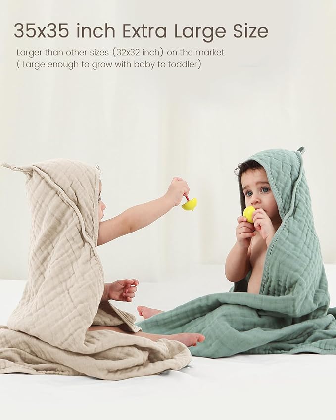 Hooded Baby Towels for Newborn, 35x35 Inch 2 Pack 100% Muslin Cotton Baby Bath Towel, Soft Baby Beach Towels with Hood for Infants, Toddlers and Kids, Essentials Must Haves