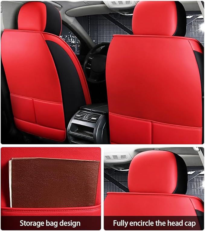 Leather Car Seat Covers for Volkswagen Atlas 2019-2023Waterproof,Breathable and Non-Slip Napa Leather Car Interior Seat Covers,Comfortable and Durable,Easy to Install(5PCS Comfort Black+Red