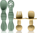 4pc Silicone Baby Spoons Self Feeding Baby Utensils 6-12 Months - 3 Baby Spoon - 1 Baby Fork - Toddler Cutlery Set - BPA Free, Dishwasher Safe - Baby Eating Essentials (Green/Yellow) - Small