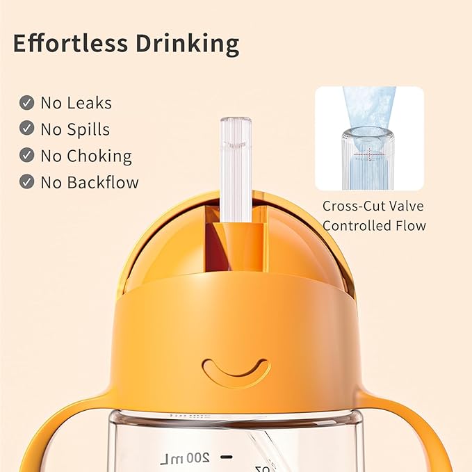 Evorie Tritan Weighted Straw Sippy Cup with Handles for Baby and Toddlers, Spill Proof Baby Water Bottle with Straw for 6 months and up, 7 Oz, Infant Training Water Bottle (Bumble bee)