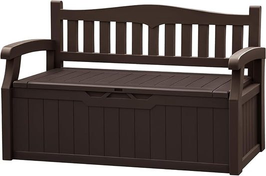JUMMICO 80 Gallon Resin Outdoor Storage Bench, Large Deck Box with Armrest, Lockable & Waterproof for Garden, Home, Patio, Pools (Brown)