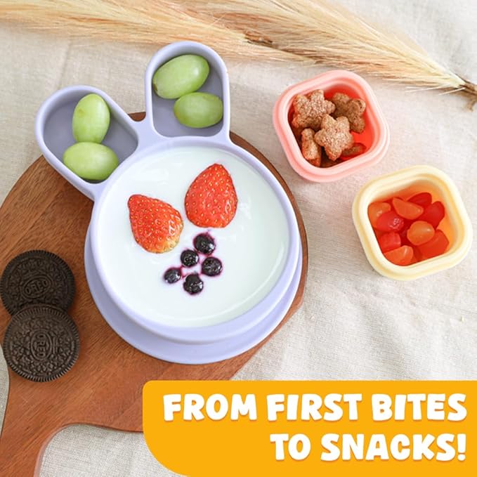 Baby Plates with Suction - Self-Feeding Tools for Baby - Made in Korea - Suction Plates Feeding Essentials - Ideal Baby Food Plates - Perfect Design for Toddlers (Green, Rabbit)