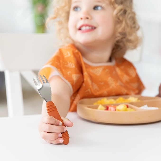 Bumkins Toddler Utensils, Kids Size Fork and Spoon Set, Silicone and Stainless-Steel Training Silverware, Angled Forks/Sporks for Self-Feeding, Children Hold Learning to Eat, 18 Months Up, Clay