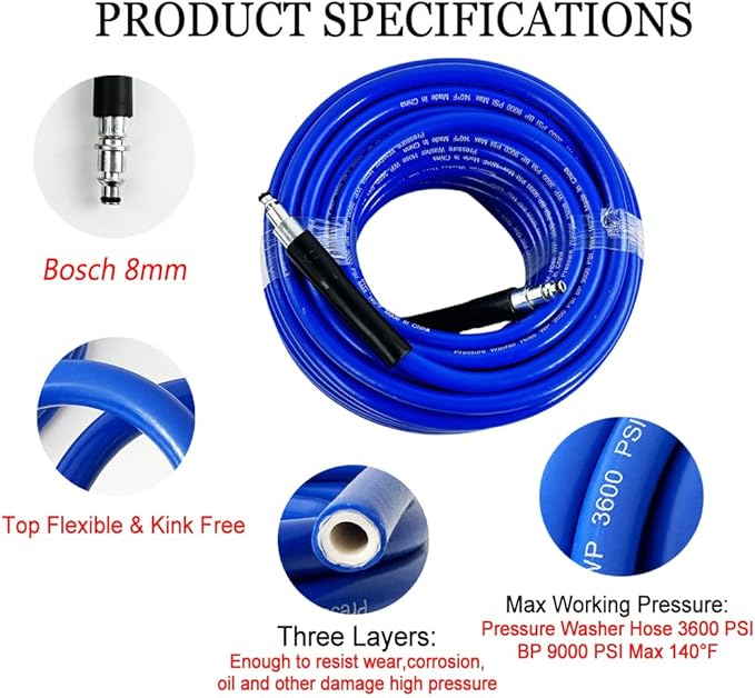 5800PSI/400Bar Ultra Flexible Pressure Washer Hose for Bosch Home Cleaning, 5M-30M High Pressure Extension Tube with Quick-Connect Adapter,(Red/Blue/Yellow/Green/Grey/Orange/Light Blue)(Blue,32FT)