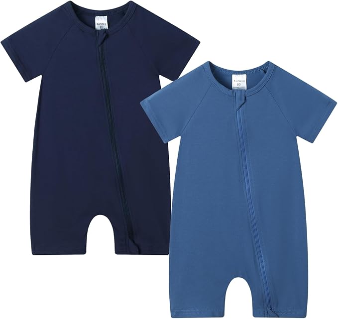 JunNeng 2 Pack Footless Long/Short Sleeve Baby Romper with Zipper Cotton Infant Sleepwear