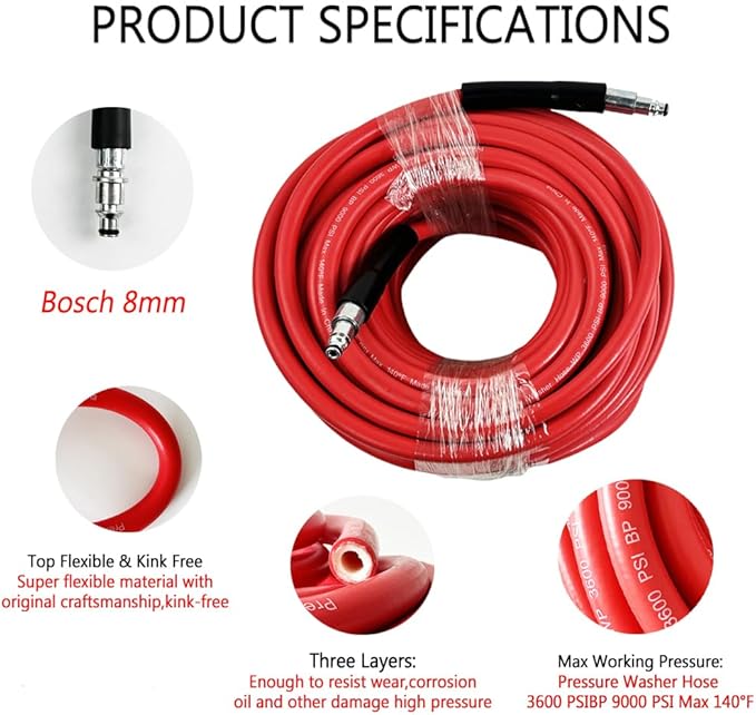 5800PSI/400Bar Ultra Flexible Pressure Washer Hose for Bosch Home Cleaning, 5M-30M High Pressure Extension Tube with Quick-Connect Adapter,(Red/Blue/Yellow/Green/Grey/Orange/Light Blue)(Red,32FT)