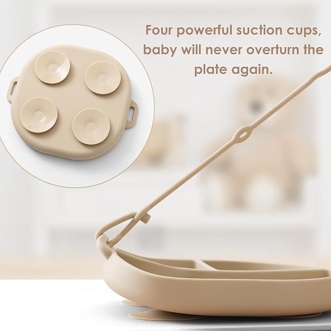 Andy Bear Silicone Plates for Babies with Suction Divided Baby Spoons Silicone Baby Toy Straps All-in-one Plates Silicone Placemat for Babies Toddlers Attachable Tethers & Built-in Suction Cups-Ivory