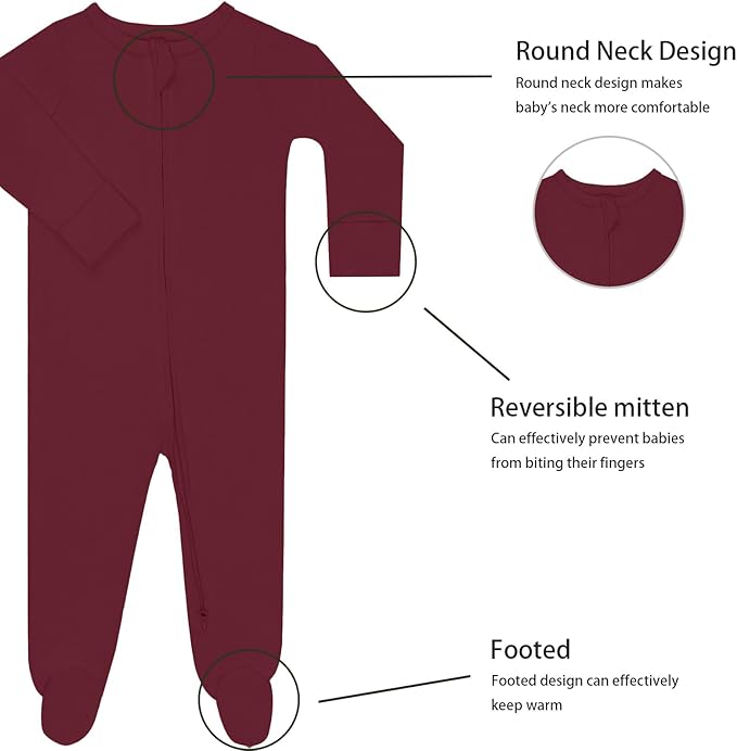 GUISBY Long Sleeve Baby Footed Pajamas with Mittens Cotton Sleepers with Zipper 3-Pack