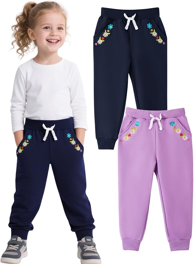 HILEELANG Girls Cotton Joggers Sweatpants Embroidery Drawstring Waist Pockets Casual Pants for Kids 12M-7Y