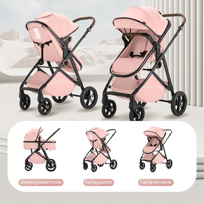 2 in 1 Baby Stroller, High Landscape Infant Stroller Pram Foldable Pushchair with Adjustable Canopy, Storage Basket, Suspension Wheels,5-Point Harness,Mom Bags (Brown)
