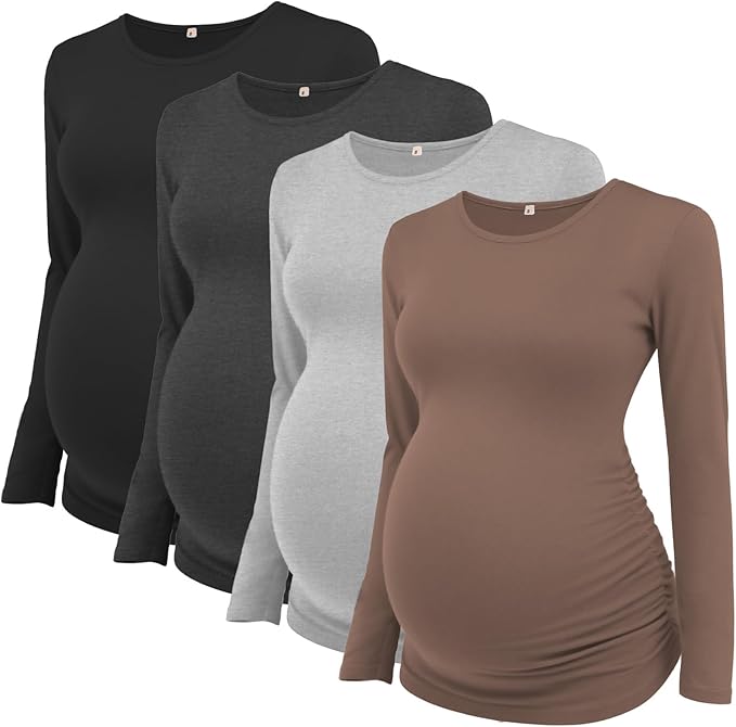 Ecavus Women's Maternity Shirts Long Sleeve Soft Stretchy Pregnancy Tops Side Ruched Casual Mama Clothes