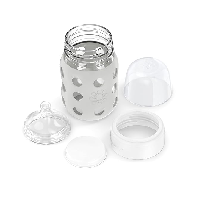 Lifefactory 8-Ounce Wide Neck Glass Baby Bottle with Protective Silicone Sleeve and Stage 2 Nipple, Stone Grey (LG2211WCG4)