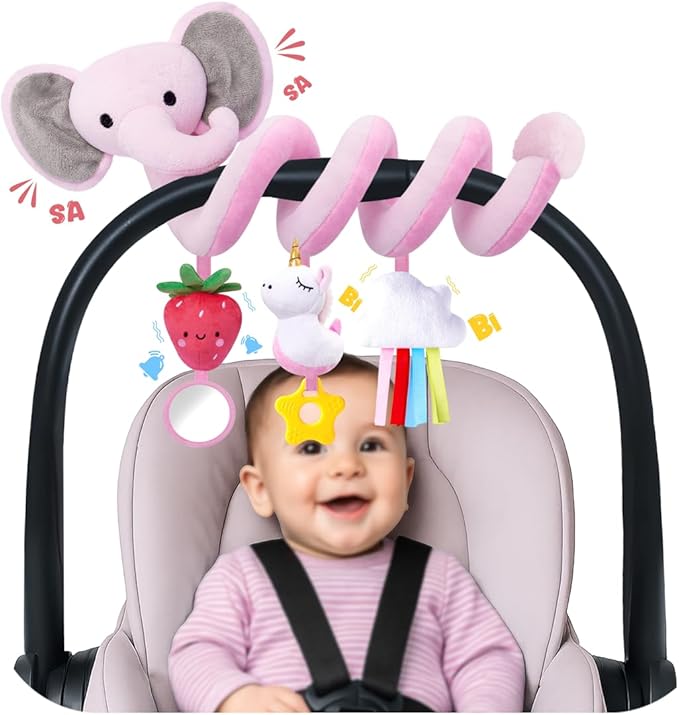 Stuffed Spiral Car Seat Toys for Baby Girls 0-6 Months, Perfect Newborn Gifts for Girls Essentials, Cute Pink Elephant Strawberry Hanging Plush Items
