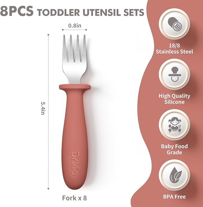 DRKIO 8 Pieces Toddler Forks Set - Baby Forks with Silicone Handle Children safe 18/8 Stainless Steel Toddler Utensils Set for Self Feeding Kids Silverware Anti-Choke Design Food Grade Dishwasher Safe