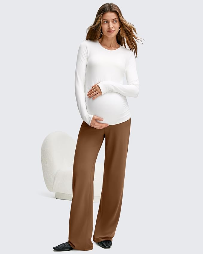 G4Free BareFeel Maternity Dress Yoga Pants with Pockets Over The Belly Stretchy Work Slack Pregnancy Wide Leg Casual Trousers