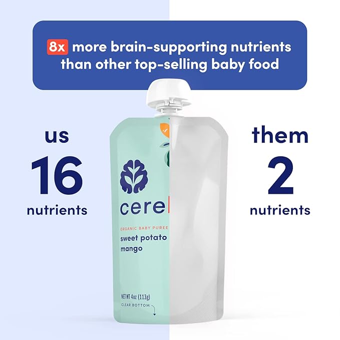 Cerebelly Organic Baby Food Pouches Variety Pack, Veggie & Fruit Purees, 16 Nutrients, No Added Sugar, Fiber & Non-GMO, 4oz, 8 Pack