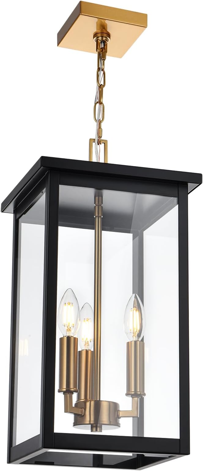 3-Lights Large Outdoor Pendant Lighting Clear Glass, Ceiling Porch Light Fxitures Adjustable Chain for Foyer Patio, Exterior Hanging Lantern Lamp, E12 Bulb Base, Black & Bruhed Brass
