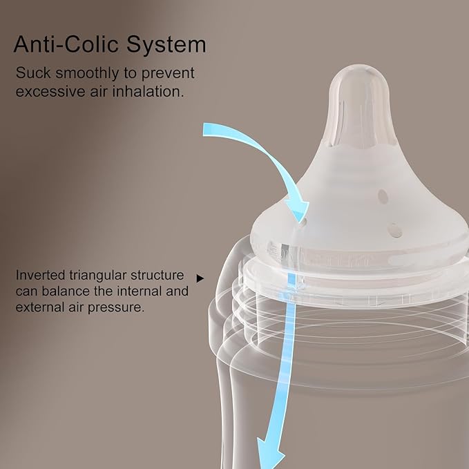 Natural Glass Baby Bottle for Breastfeeding Babies, Baby Essentials, Gentle Medium Flow, Wide Neck Bottle with Anti Colic Nipple for 3 Months Babies, Includes M Nipples (8Oz, 2 Packs)
