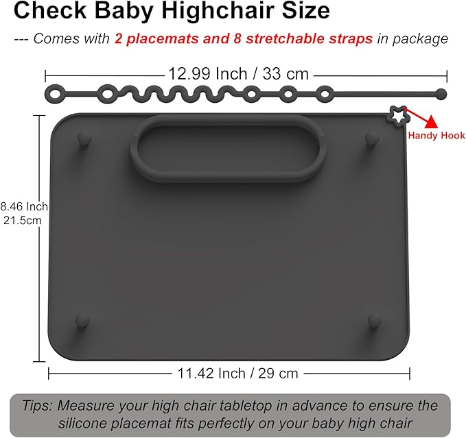 2 Pack Baby Silicone Mat, with Suction Base and 8 Stretchable Straps, Seposeve Baby Placemats, Activity Mat for Infants to Toddlers, Keeps Babies Essentials Off The Floor, 2 Balck