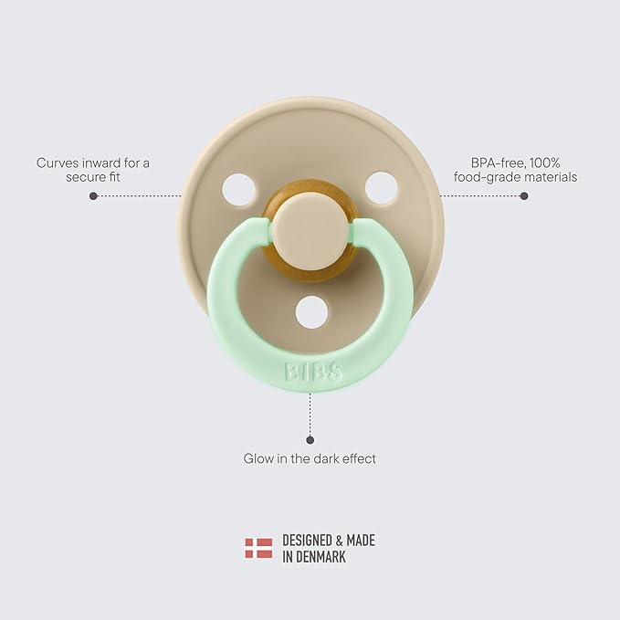 BIBS Colour Night Glow in The Dark Soother 2-Pack, BPA Free Dummy Pacifier, Round Nipple. Natural Rubber Latex, Made in Denmark, Size 1 (0-6 Months), Sand Glow/Iron Glow