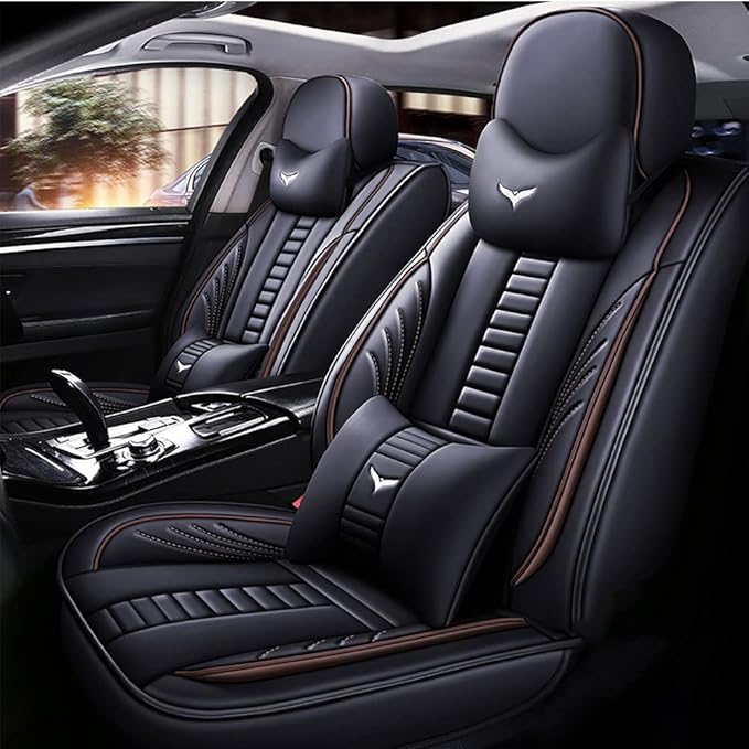 Full Set of Universal Fit Automotive Seat Covers fit for Suzuki 1999-2025 95% Models, PU Leather Automobile Interior Sets with Headrest & Back Pillow Black & Coffee Line