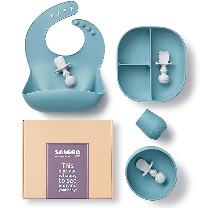 SAMiGO Silicone Baby Feeding Set, Baby Led Weaning Supplies, Suction Bowl Plate Bib Cup Self Feeding Spoons, Solid Food Eating Essentials, First Stage Utensils, 6+ Months