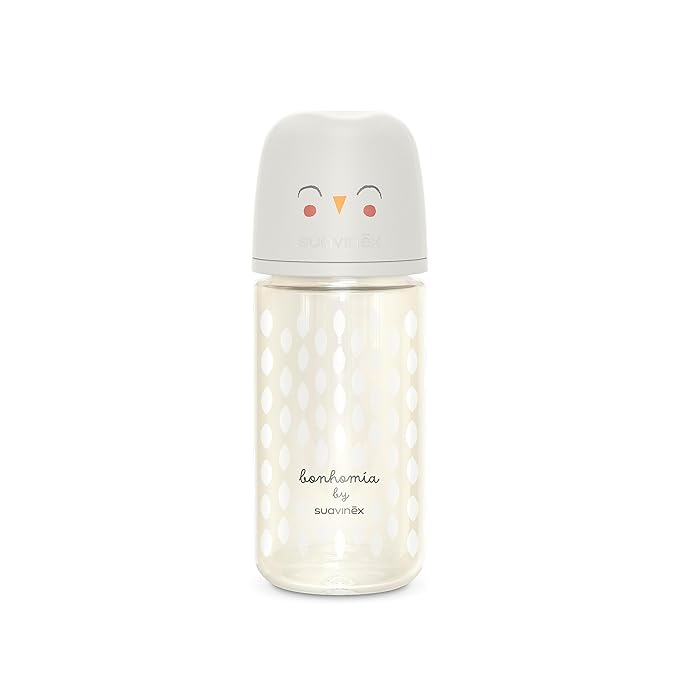 Suavinex Bonhomia Glass Baby Bottle with SX PRO Silicone Nipple, Anti Colic Baby Bottles, Baby Bottles for Breastfed Babies, Medium Flow, 3mo, 8oz, Beige