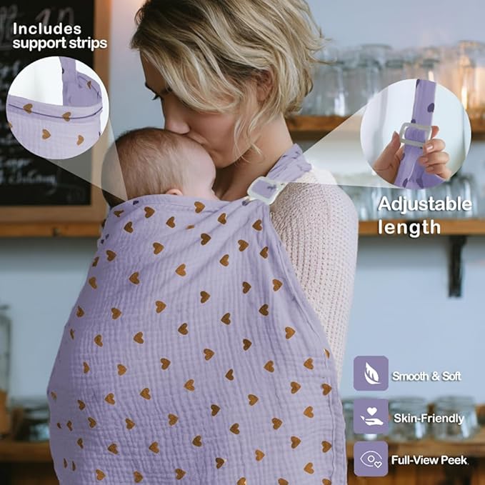 Muslin Nursing Covers for Breastfeeding, Arch Neckline Breast Feeding Covers for Women, Moms Privacy Breathable Summer Nursing Apron, 43.3" x 25.6" Soft Feeding Cover (Violet Purple Heart)