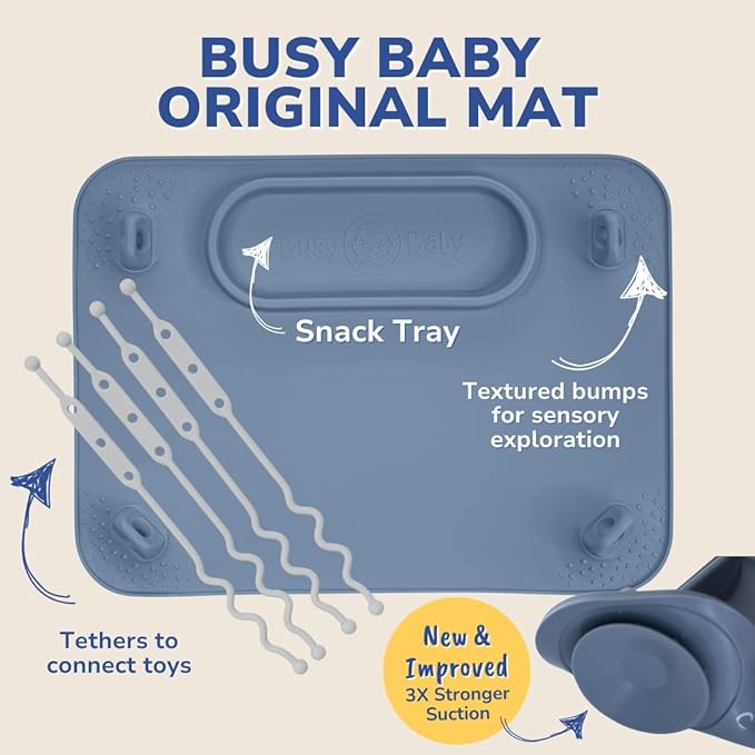BUSY BABY Silicone Mat - New and Improved Suction Cups, 4 Straps to Secure Baby Essentials, Self Feeding, Baby Led Weaning, Travel Sleeve Included (Pink)