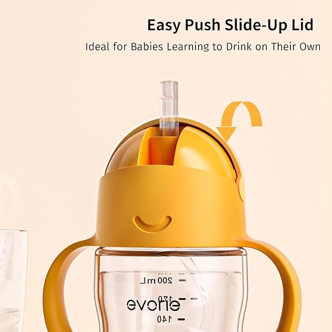 Evorie Tritan Weighted Straw Sippy Cup with Handles for Baby and Toddlers, Spill Proof Baby Water Bottle with Straw for 6 months and up, 7 Oz, Infant Training Water Bottle (Strawberry)