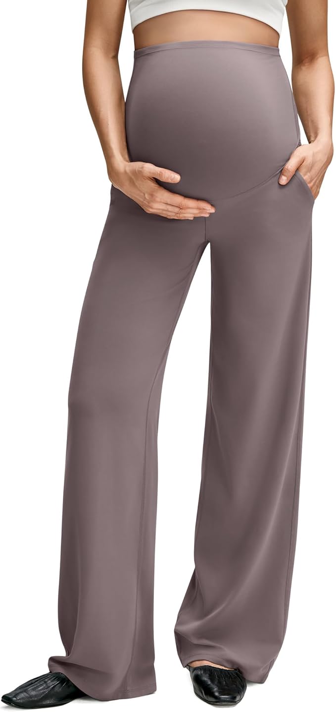 G4Free BareFeel Maternity Dress Yoga Pants with Pockets Over The Belly Stretchy Work Slack Pregnancy Wide Leg Casual Trousers