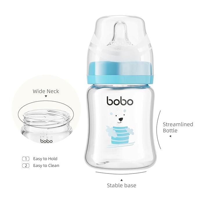 YOHKOH Glass Baby Bottles with Slow Flow Nipple, Newborn Anti-Colic Baby Bottles for 0+ Months, Wide Neck Feeding Bottle, Clear (Blue, 5oz (Pack of 2))