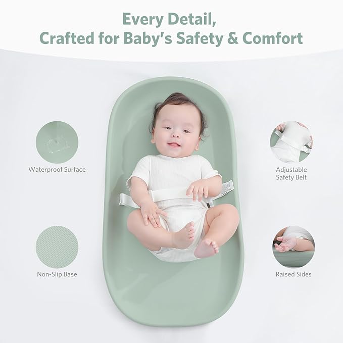 Waterproof Baby Changing Pad in EVA Foam, Wipeable & Quick Clean, Light & Portable, Adjustable Safety Belt & Non-Slip Base, for Diaper/Clothes Changes & Massage, Fits Dresser/Changing Table - Sage