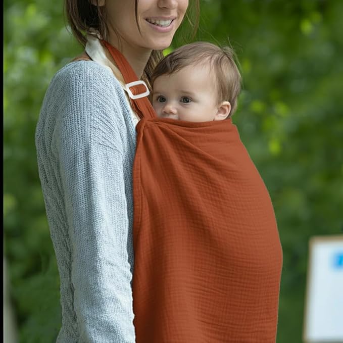 Muslin Nursing Covers for Breastfeeding, Arch Neckline Breast Feeding Covers for Women, Moms Privacy Breathable Summer Nursing Apron, 43.3" x 25.6" Soft Feeding Cover (Orange Red)