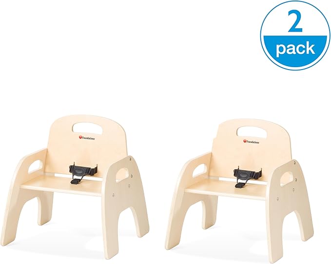 Foundations Simple Sitter Low Wood Feeding Chairs Multipack, Wide No-Tip Base, Adjustable Safety Harness, Stackable Wood Toddler Chairs with Food Service Grade Finish, 2 Pack (9 inch)