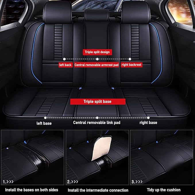 Full Set of Universal Fit Automotive Seat Covers fit for Suzuki 1999-2025 95% Models, PU Leather Automobile Interior Sets with Headrest & Back Pillow Black & Blue Line