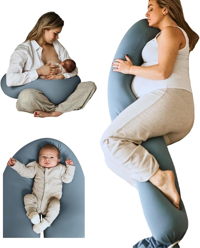 Pregnancy Pillow 5-in-1 【Cooling Cover, Adjustable to Grow with Belly】 Beanbag Style, Lockable O-Shape Nursing Pillow, 5-Point Full Body Support, Maternity Pillow with Travel Bag - Blue