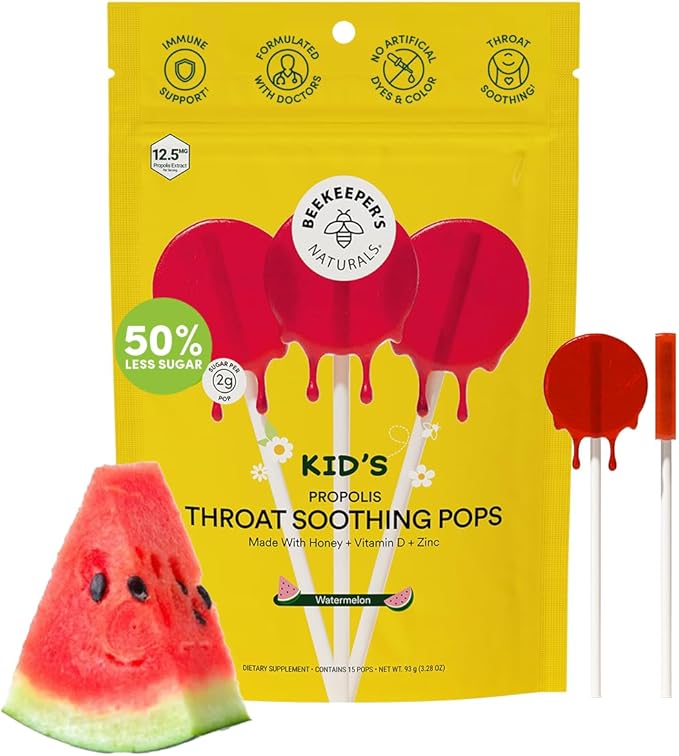 Kids Throat Soothing Watermelon Lollipops, by Beekeeper's Naturals - Doctor Formulated Immune Support, under 2g Sugar, Vitamin D & Honey, 15 ct