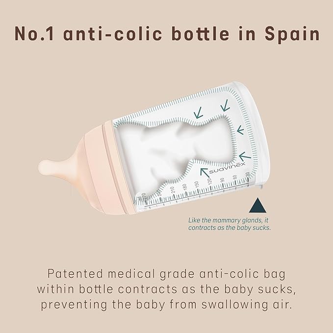 Suavinex Zero Zero Anti Colic Baby Bottle, No 1 Spanish Baby Bottle Brand, Minimizes Bottle Rejection & Nipple Confusion, Perfect for Combo Feeding, 2pk, 6oz/180mL, Fair Tone, Adaptable Flow Nipple