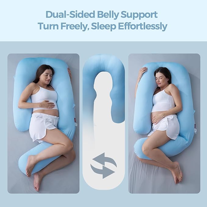 Momcozy Pregnancy Pillow with Cooling Cover, Dreamlign U Pro Maternity Pillow with Adjustable Leg Pillow - Support for Back, HIPS, Belly, Legs for Pregnant Women, 50-72 Inch, Bule
