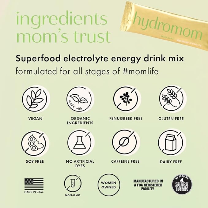 Boobie Hydromom Superfood Electrolyte Drink Mix, Green Apple | Refreshing Energy & Hydration Boost for Mamas | On-The-Go & Travel Essentials for Pregnancy, Lactation, & Beyond, 15 Packets
